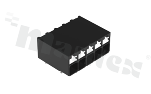Listwa zaciskowa do PCB; w rastrze 3.50mm; 5-torowa; pionowe wejście przewodu; na przewód 0.14-1.50mm2 (28-16AWG); ze stykiem sprężynowym; czarna; 300V/14A