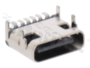 USB-Type C 6 circuits socket SMT, stainless steel nickel plated shell, DIP top mount; rght angle, gold plated contacts; 5A