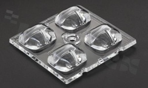 Lens for LED high power; mid power; angle: asymmetric; Number of LEDs: 4; Dimensions: 50x50mm; Height: 7.1mm; meterial: PMMA; Fastening: glue; pin; screw