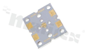 MCPCB, thermal conductivity 2W/(m*K), number of layers - 1, white soldermask, legend color: gold, size: rectangle 25x30mm, pad cover: gold; for XP/XT LEDs, /20