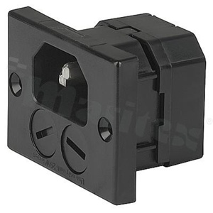 IEC C14 power entry module with 2-pole fuseholder; screw mount; 4.8x0.8mm quick connect terminals; black; IP40; 10A/250VAC