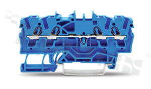 Złączka instalacyjna; 1-poziomowa; przelotowa; 4-zaciskowa na przewód 0.25-4.0mm2 (22-12AWG); ze stykiem sprężynowym; niebieska; na szynę DIN; 600V/20A