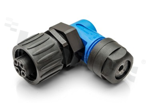 Wtyk ECOMATE seria C016, 4-stykowy (3+PE), żeński, kątowy, 16A, 400V, kabel: 0.75-2.5mm2( AWG18-14), styki srebrzone, skręcane, kolor: czarno-niebieski, IP67