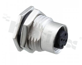 Gniazdo M12; kodowanie A; 5-stykowe; żeńskie; 4A; na panel; z nakrętką z przodu; lutowane; IP68