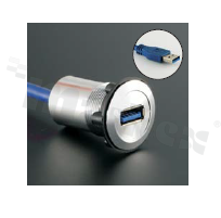 Gniazdo USB3.0; żeńskie; otwór montażowy 22mm; podłączenie na wtyk USB3.0 męski; długosć przewodu 60cm; korpus srebrny; stop aluminium.