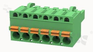 Listwa zaciskowa rozłączalna; w rastrze 5.00mm; 6-torowa; żeńska; na przewód 2.50mm2 (26-12AWG); kierunek wtykania równoległy do osi przewodów; z zaciskiem sprężynowym; styki z fosforobrązu; stalowa klatka; UL 300/10A TUV 320/20A