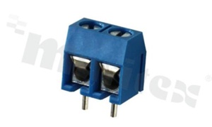 Listwa zaciskowa do PCB; w rastrze 5.00mm; 2-torowa; pionowa; na przewód 1.5mm2 (AWG 26-14); ze śrubami na wkrętak płaski; klatka mosiężna; niebieska; UL 300V/20A; TUV 250V/17.5A