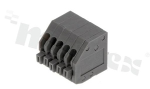 Listwa zaciskowa do PCB; w rastrze 2.5mm; 5-torowa; skośne wejście przewodu; na przewód 0.5mm2( 24-20 AWG); szara; ze stykiem sprężynowym; UL 300V/2A TUV 250V/6A