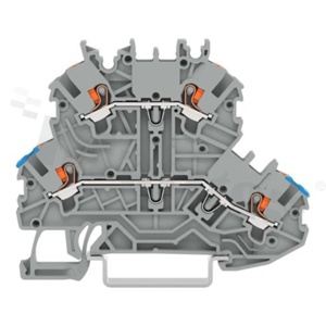 Installation terminal block; 2-level; through; with buttons; 4-contacts for wire 0.14-1.5mm2 (24-16AWG); spring-loaded; grey; for DIN rail; 300V/10A