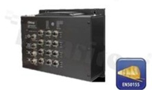 EN50155 12-port managed Gigabit PoE Ethernet switch with 8x10/100/1000Base-T(X) P.S.E. ports and 4x10/100/1000Base-T(X); 2x Bypass; X-coded M12 connector; operating temperature -40+75 deg.C; supply 24 VDC