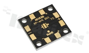 MCPCB, thermal conductivity 2W/(m*K), thickness: 2mm, number of layers - 1, black soldermask, legend color: gold, size: square 25mm, pad cover: gold; for XP/XT LEDs, /20