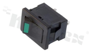Minature Rocker Switch; 1-pole; 2 positions; 21x12.9mm; pin terminals; green LED illuminated button; 3A/250V