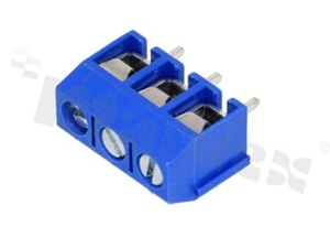 Listwa zaciskowa do PCB; w rastrze 5.00mm; 3-torowa; pionowa; na przewód 1.5mm2 (AWG 22-14); ze śrubami na wkrętak płaski; niebieska; klatka mosiężna; UL 300V/10A, TUV 250V/15A