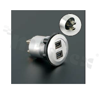 Gniazdo MiniUSB2.0; żeńskie; otwór montażowy 22mm; podłączenie na wtyk MiniUSB2.0 męski; korpus srebrny; stop aluminium.