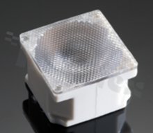 Lens for LED high power; angle: 10 to 14 degrees FWHM; Number of LEDs: 1; Dimensions: 22x22mm; Height: 13.1mm; meterial: PMMA; PC; Fastening: tape; pin