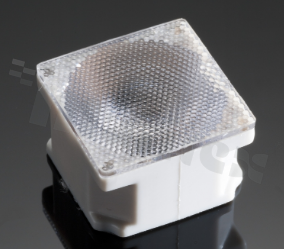 Lens for LED high power; angle: 10 to 14 degrees FWHM; Number of LEDs: 1; Dimensions: 22x22mm; Height: 13.1mm; meterial: PMMA; PC; Fastening: tape; pin