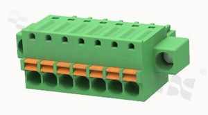 Listwa zaciskowa rozłączalna; w rastrze 3.50mm; 7-torowa; żeńska; na przewód 1.50mm2 (28-16AWG); kierunek wtykania równoległy do osi przewodów; z zaciskiem sprężynowym;  z zaczepem śrubowym; styki z fosforobrązu; stalowa klatka; UL 300/8A TUV 250/12A