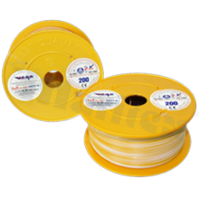 Przewód pojedynczy LGY/H05V-K; z wielodrutową miedzianą żyłą; żółty/biały; przekrój 0.35mm2; AWG 22; 500V; -40+105 st.C; 200m.