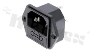 Złącze zasilające AC; męskie; proste; na panel-śruba; konektory 4.8x0.8mm; bezpiecznik 5,2x20mm (możliwość doposażenia); szufladka bezpiecznika w zestawie; 10A/250VAC