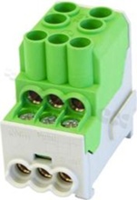 Złączka na szyne DIN; blok rozdzielczy dystrybucyjny;zielony; jednobiegunowy; 25mm2; Al/Cu;1000V AC/100A