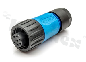 Plug ECOMATE C016 series, 7 pins (6+PE), female, straight, 12A, 250V, cable: max.0.75mm2( AWG18), contacts silver plated, solder, colour: black-blue, IP67