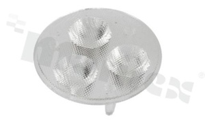 Lens for LED high power; angle: 60 degrees ; Number of LEDs: 3; Dimensions: round 35mm; Height: 11.85mm; material: PMMA; PC; Fastening: glue