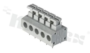 Listwa zaciskowa do PCB; w rastrze 5.00mm; 5-torowa; poziome wejście przewodu; na przewód 0.20-1.50mm2 (16-28AWG); ze stykiem sprężynowym; szara; UL 300V/10A, TUV 250V/10.5A
