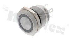 Push button switch; monostable; 19mm; solder terminals; stainless steel; ring red illumination; IP67.