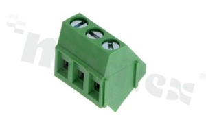 Listwa zaciskowa do PCB; w rastrze 5.00mm; 3-torowa; skośna; na przewód 2.5mm2 (AWG 24-12); z ruchomą osłoną przewodu; ze śrubami na wkrętak płaski; klatka mosiężna; zielona; UL 300V/20A, TUV 250V/24A