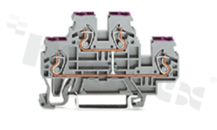 Din rail terminal block; 2-level; through; 4-contacts for wire 0.08-2.5mm2 (28-12AWG); internal bridging; spring-loaded; blue; for DIN rail; 500V/24A