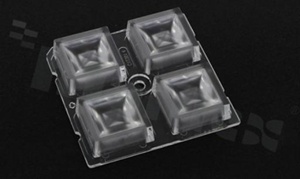 Lens for LED high power; mid power; angle: 42 to 58 degrees FWHM; Number of LEDs: 4; Dimensions: 50x50mm; Height: 8.5mm; meterial: PMMA; Fastening: glue; pin; screw