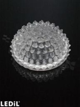 Soczewka do diod LED COB; kąt rozsyłu: 160 do 268 stopni FWHM; ilość diod: 1; rozmiar: okrąg 55mm; wysokość: 35mm; rodzaj materiału: PC; silikon; sposób mocowania: gniazdo