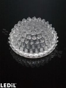 Soczewka do diod LED COB; kąt rozsyłu: 160 do 268 stopni FWHM; ilość diod: 1; rozmiar: okrąg 55mm; wysokość: 35mm; rodzaj materiału: PC; silikon; sposób mocowania: gniazdo