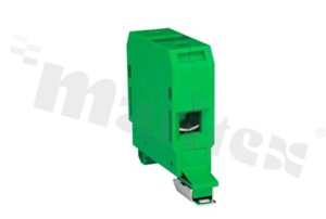 Złączka szynowa ; 1-poziomowa; 2-zaciskowa na przewód 4-35mm2; zacisk śrubowy; zielona; na szyne DIN; 690V/125A