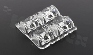 Lens for LED high power; mid power; angle: Oval 30 x 97 degrees FWHM; Number of LEDs: 4; Dimensions: 50x50mm; Height: 10.6mm; meterial: PMMA; Fastening: glue; pin; screw