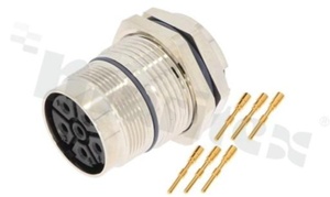 Socket M23; 6 pins; female; straight; 28A; for panel; crimp termination; front side nut; IP67