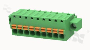 Pluggable terminal block; 3.50mm pitch; 9-ways; female; for wire 1.50mm2 (28-16AWG); wire insertion direction same as plug-in direction; with fixing screw; p.bronze contacts; spring clamp; brass cage; UL 300/8A TUV 250/12A