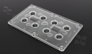 Lens for LED high power; mid power; angle: 130 degrees ; Number of LEDs: 8; Dimensions: 118.8x71.4mm; Height: 7.26mm; material: PMMA; Fastening: screw