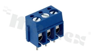 Listwa zaciskowa do PCB; w rastrze 5.00mm; 3-torowa; pionowa; na przewód 2.5mm2 (AWG 24-14); ze śrubami na wkrętak płaski; klatka mosiężna; niebieska; UL 300V/10A, TUV 250V/24A0A