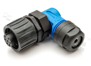 Wtyk ECOMATE seria C016, 7-stykowy (6+PE), żeński, kątowy, 12A, 250V, kabel: max.0.75mm2( AWG18), styki srebrzone, lutowane, kolor: czarno-niebieski, IP67