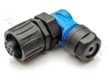 Plug ECOMATE C016 series, 7 pins (6+PE), female, right-angle, 12A, 250V, cable: max.0.75mm2( AWG18), contact plating: silver plated, solder, colour: black-blue, IP67