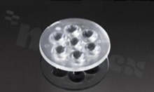 Soczewka do diod LED high power; kąt rozsyłu: 18 do 27 stopni FWHM; ilość diod: 7; rozmiar: okrąg 50mm; wysokość: 10.7mm; rodzaj materiału: PMMA; sposób mocowania: klej; kołek