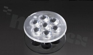 Lens for LED high power; angle: 18 to 27 degrees FWHM; Number of LEDs: 7; Dimensions: round 50mm; Height: 10.7mm; meterial: PMMA; Fastening: glue; pin