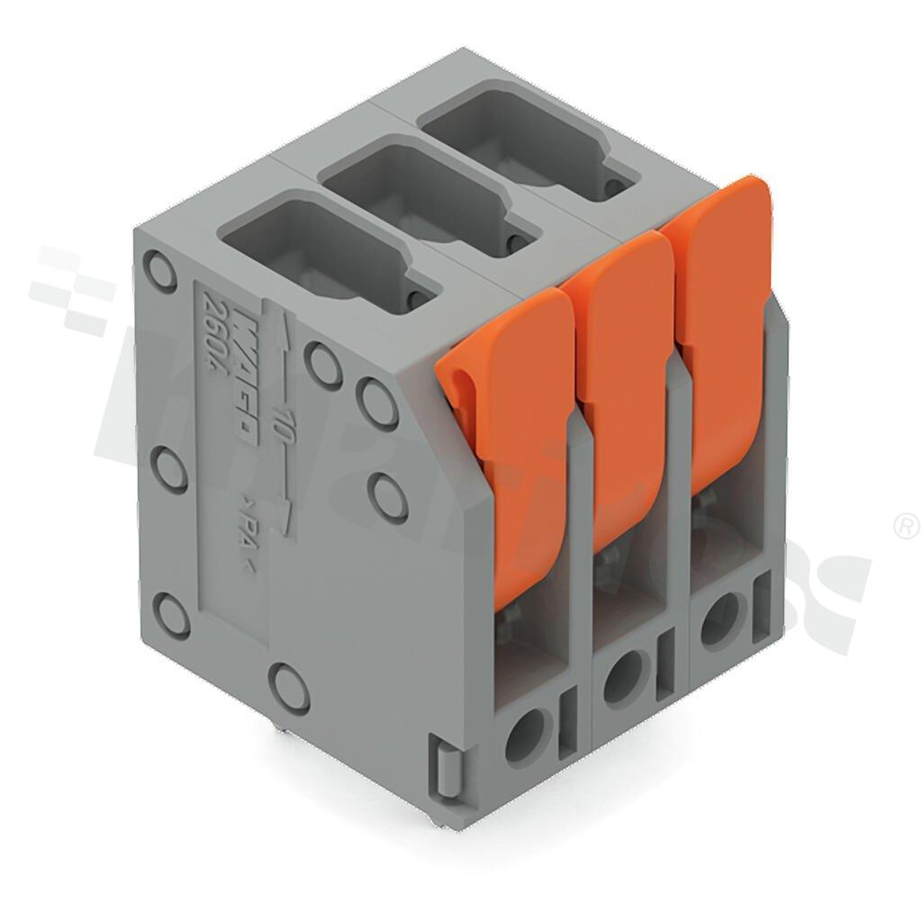 Listwa zaciskowa do PCB; przewód-płytka; na przewód 0.2 - 4.0 mm2 (24-12 AWG); raster 5.0 mm; 3-torowa.; kąt ułożenia przewodu względem płytki: 90; Push-in; szary; 300V/20A
