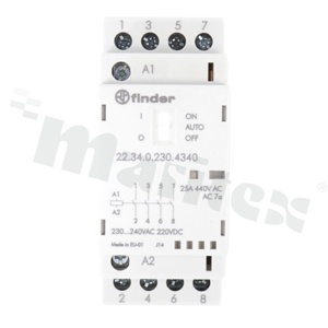 Stycznik instalacyjny; znamionowy prąd pracy 25A; napięcie cewki 230 VAC/DC; 4 zestyki zwierne (4PST); funkcja Auto-On-Off; mechaniczny wskaźnik zadziałania + LED