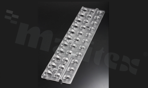 Lens for LED mid power; angle: asymmetric; Number of LEDs: 33; Dimensions: 286x61mm; Height: 11.4mm; meterial: PMMA; Fastening: screw