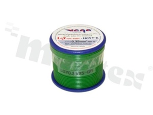 Przewód pojedynczy LGY/H05V-K; z wielodrutową miedzianą żyłą; zielony; przekrój 0.35mm2; AWG 22; 500V; -40+105 st.C; 25m.