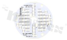 Laminat FR4 pod diody Cree, 36x PLCC, średnica 46mm, połączenie szer-równ, 12V, biała soldermaska, grubość 0.8mm, RoHS/formatka 15 sztuk