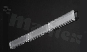 Lens for LED high power; angle: Oval 97 x 117 degrees FWHM; Number of LEDs: 3; Dimensions: 20x286mm; Height: 7mm; meterial: PMMA; Fastening: clips