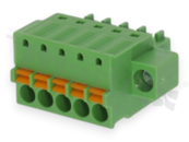Pluggable terminal block; 3.50mm pitch; 5-ways; female; for wire 1.50mm2 (28-16AWG); wire insertion direction same as plug-in direction; with fixing screw; p.bronze contacts; spring clamp; brass cage; UL 300/8A TUV 250/12A